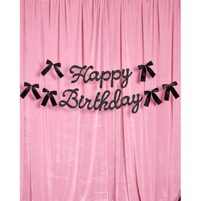 Xo, Fetti Happy Birthday Banner, Black Glitter + Satin Bows - 5.5 Ft. | Birthday Decorations, Coquette Bday Decor, 30th Party Sign, 21st Photo Booth