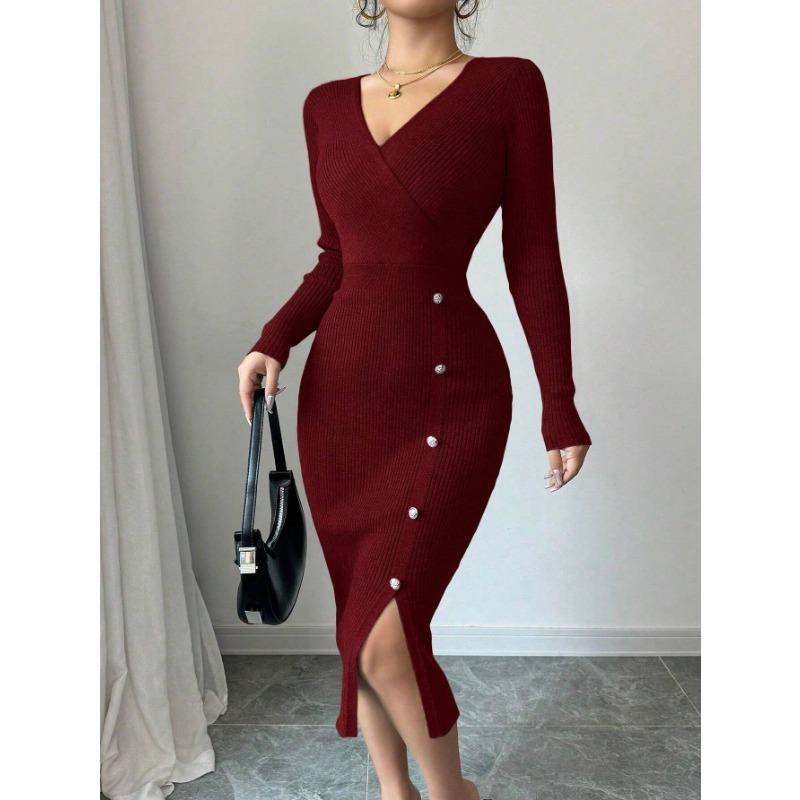 French Style Knitted Bodycon Dress Long Sleeve Slim Fit For Winter Autumn