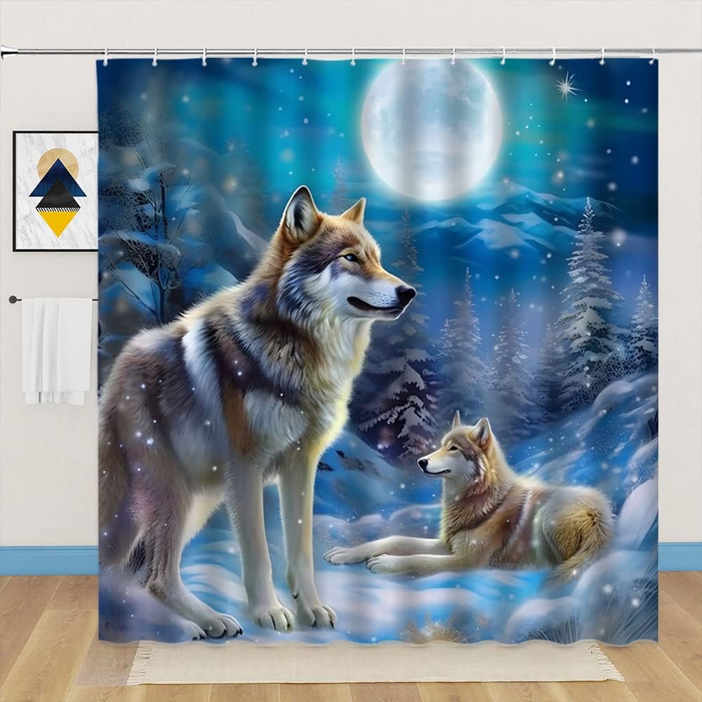 

Wild Wolf Animal Shower Curtain Snow Night Scenic Bath Curtains Bathroom Decoration Waterproof Fabric Bathtub Screen With Hooks W60H190(CM)-1 Pcs