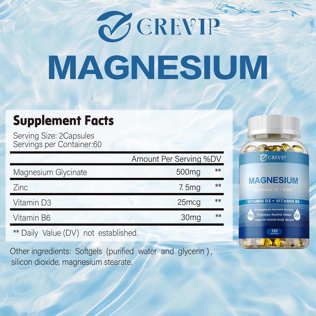 GREVIP contains magnesium glycine, zinc, vitamin D3, and vitamin B6 to support nerve, muscle, bone, and heart health.
