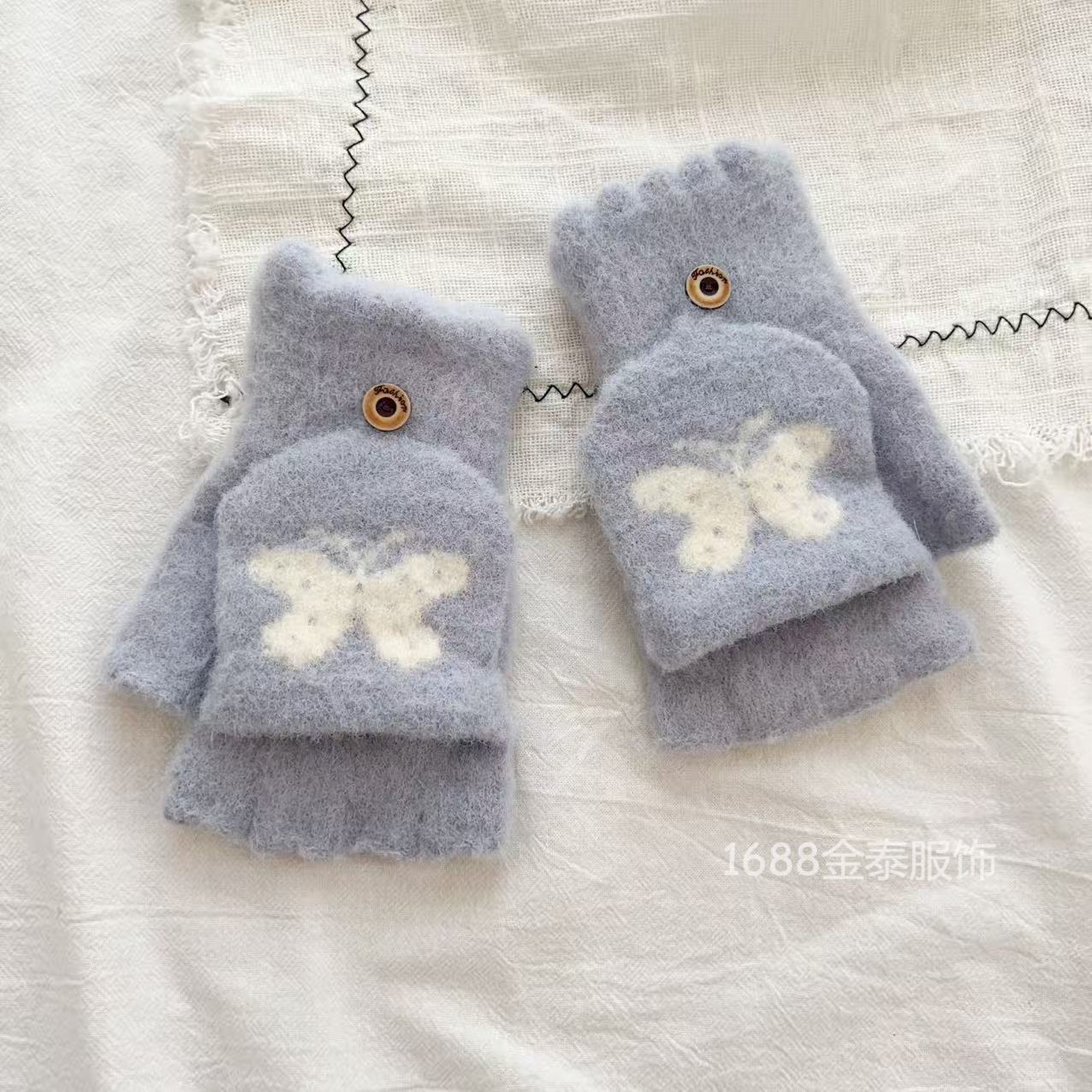 

Bow flip knitted gloves 2025 new plush thickened cold-proof cartoon warm student exposed fingers versatile One size синій