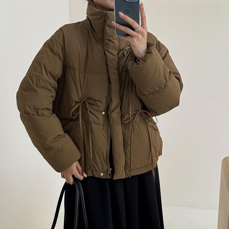 Sweet bow strap down jacket women's short 2024 new stand-up collar warm white duck down bread jacket trendy