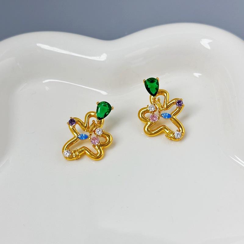 

French Color Zircon Line Abstract Hollow Flower Stud Earrings золотой