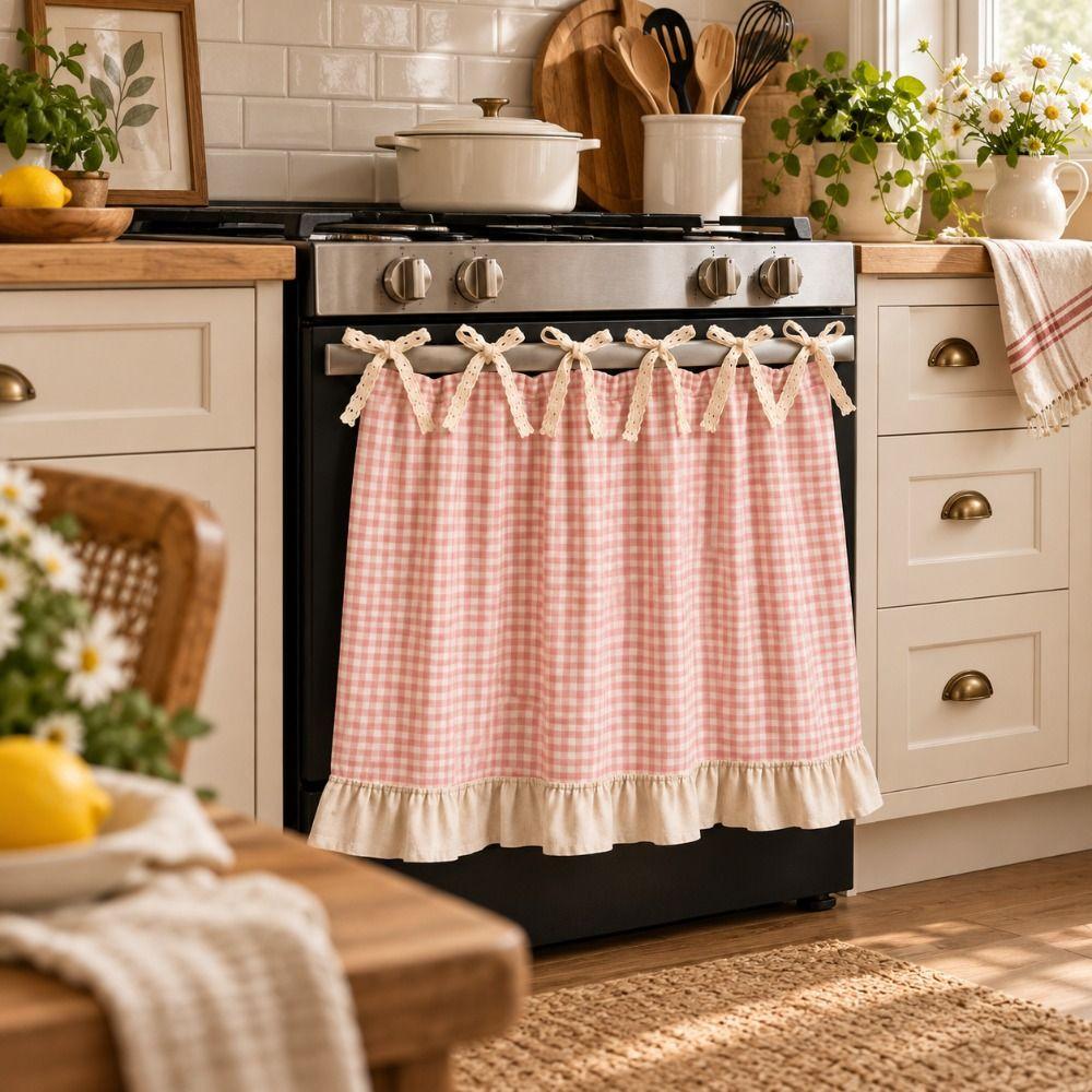 Cotton Linen Blend Bow Tie Oven Cover Curtain Coffee Machine Half Curtain Farmhouse Kitchen