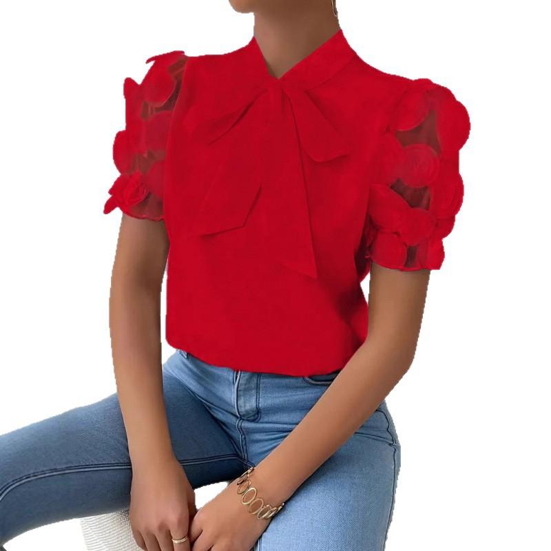 Commuter Solid Color Simple Lace-Up Bow Short Sleeve Shirt Women