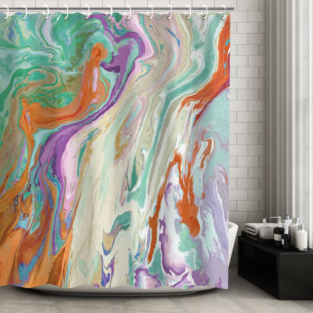 Bunter Duschvorhang Kunst Abstrakt Aquarell Mehrfarbig Regenbogen Atomare Sternenexplosion Mid Century Schwarzer Stoff Badezimmer Dekoration