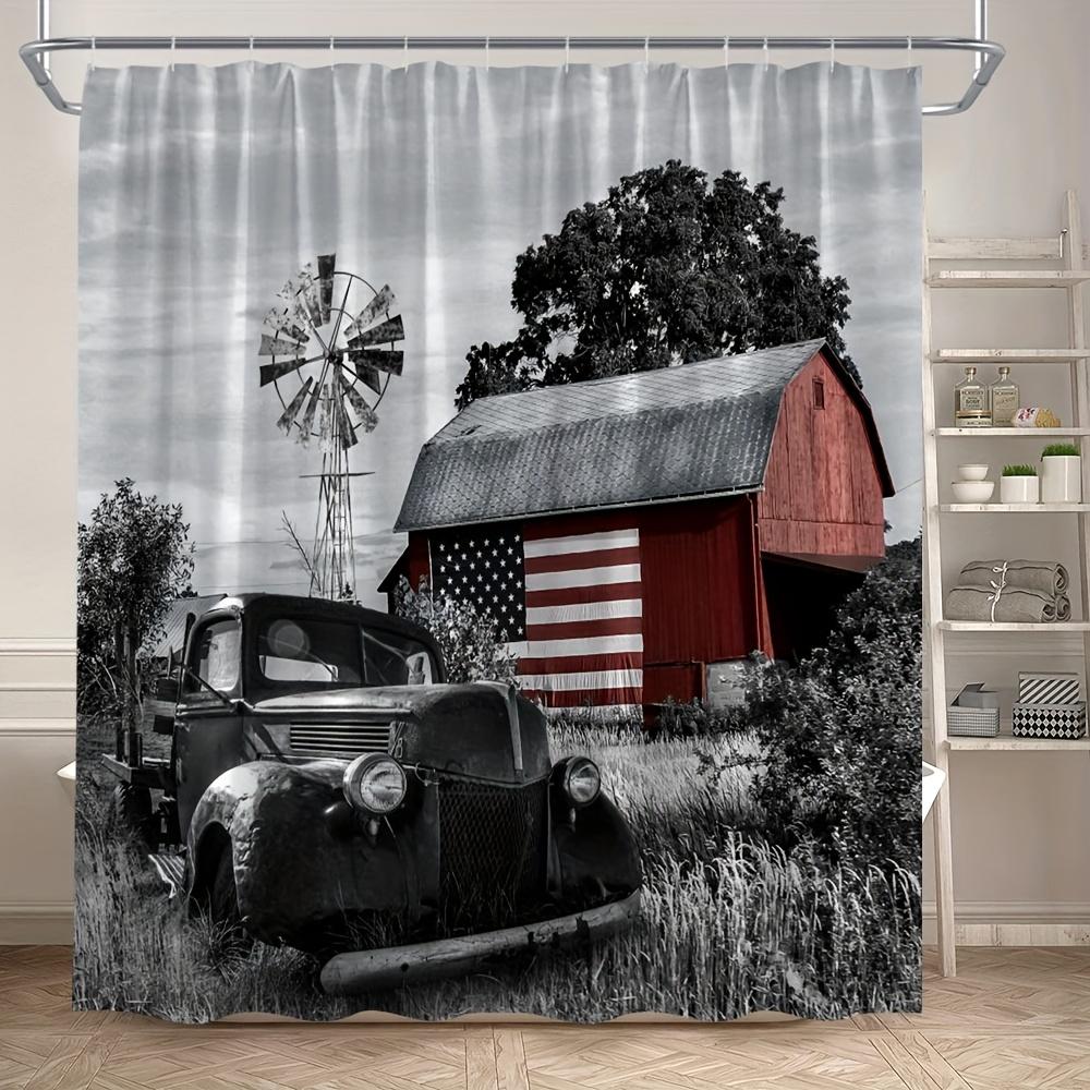 

Vintage Farm Scene Bath Curtain - American Flag, Barn, Classic Truck; Waterproof & Rustic Home Decor Adds Charm To Bathroom. W60H190(CM)-1 Pcs