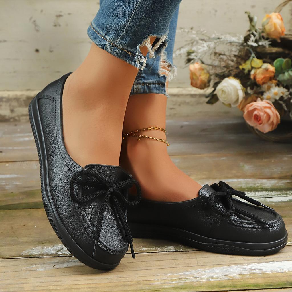 Fashion Classic Bowknot Decoration Pu Slip On Pumps Women 2025 Summer Round Toe Low Heel Loafers Shoes Elegant Soft Sole Nurse Shoes