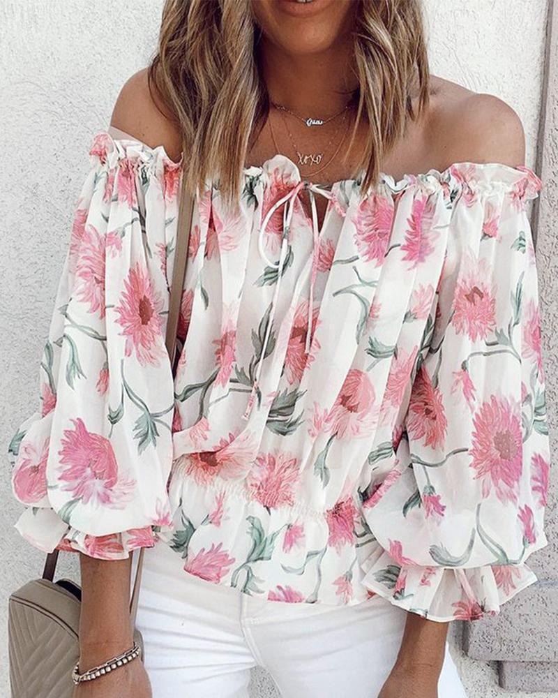 Sexy One-line Collar Off-shoulder Chiffon Shirt for Women Loose Printed Long-sleeved T-shirt Top