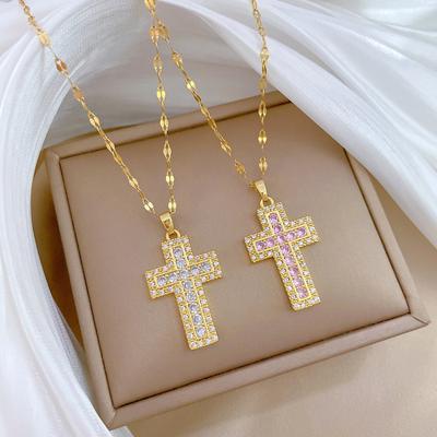Schwere Industrie Voller Diamant Kreuz Leichter Luxus Temperament Wunderschöne Voll Diamant Halskette Damen Vielseitige Schlüsselbein Kette Titanstahl Kette