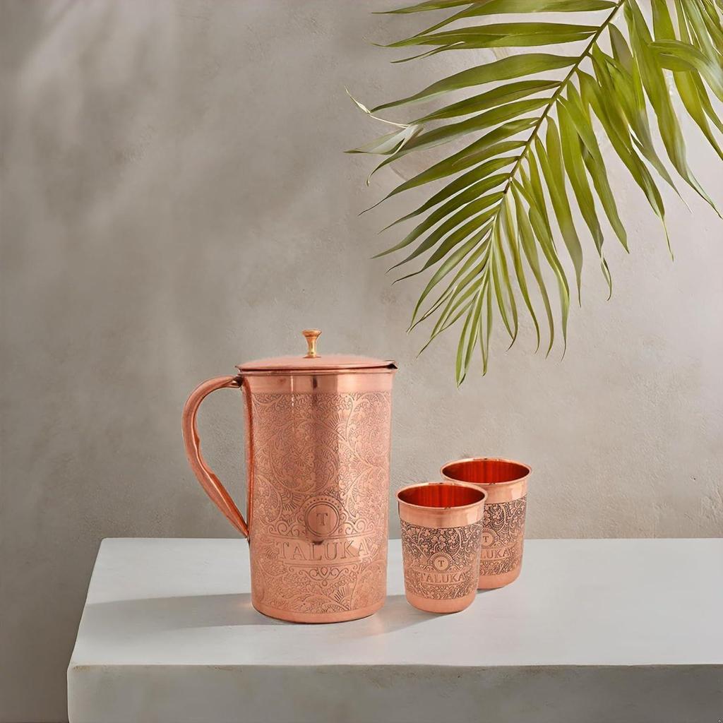 Handmade Copper Etching Embossed Jug & Glass Set 1500 ML Jug with 2 Copper Glass Pitcher for Storage Water & Serving Ware Set of 3