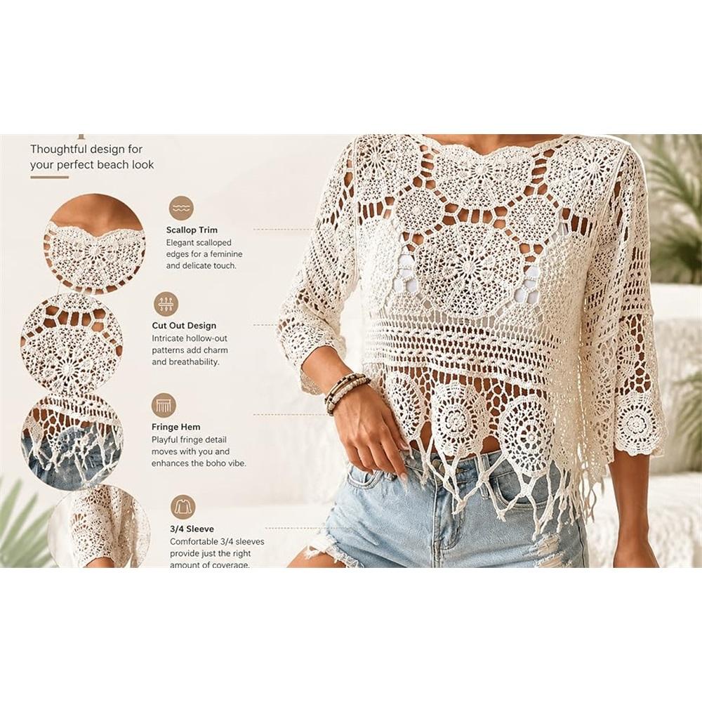 Damen Uni Fransen Cut-Out Durchsichtiges Überwurf-Boho Muschelsaum 3/4 Ärmel Strand Sarong für Urlaub Pool