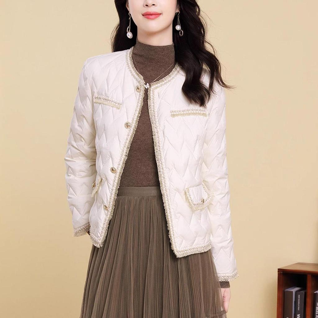Leichte Daunenjacke Damen Kurzer Umlegekragen Einreihig Locker Gerade Herbst Winter Weißer Entendaunenmantel Einfarbig
