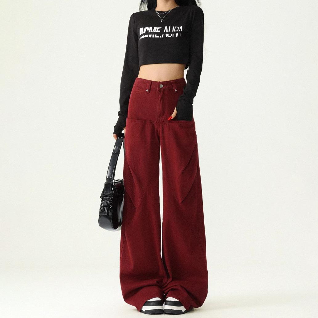 

Женские ретро джинсы с высокой талией, красные, широкие от бедра - Стройнящие, универсальные и трендовые L красный