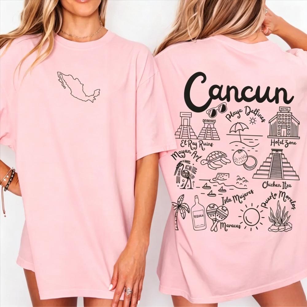 

Cancun Shirt Doodles Landmarks Unisex Casual Shirt Mexican Gift Souvenir Summer Tee Playa Del Carmen Women S