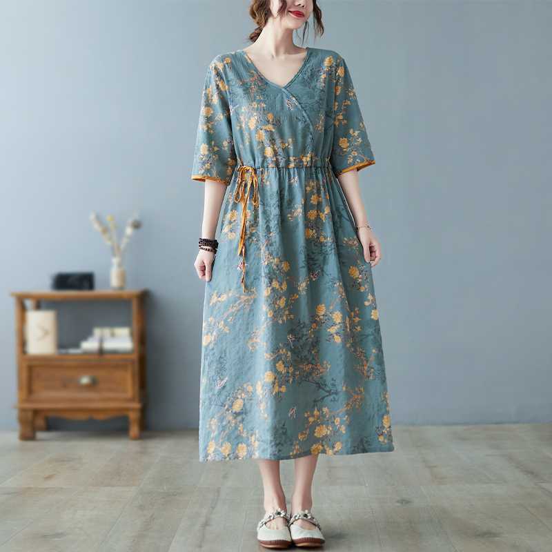

Новое свободное платье большого размера с принтом в этническом стиле, V-образный вырез, рукав пять минут, литературные длинные платья M серо голубой