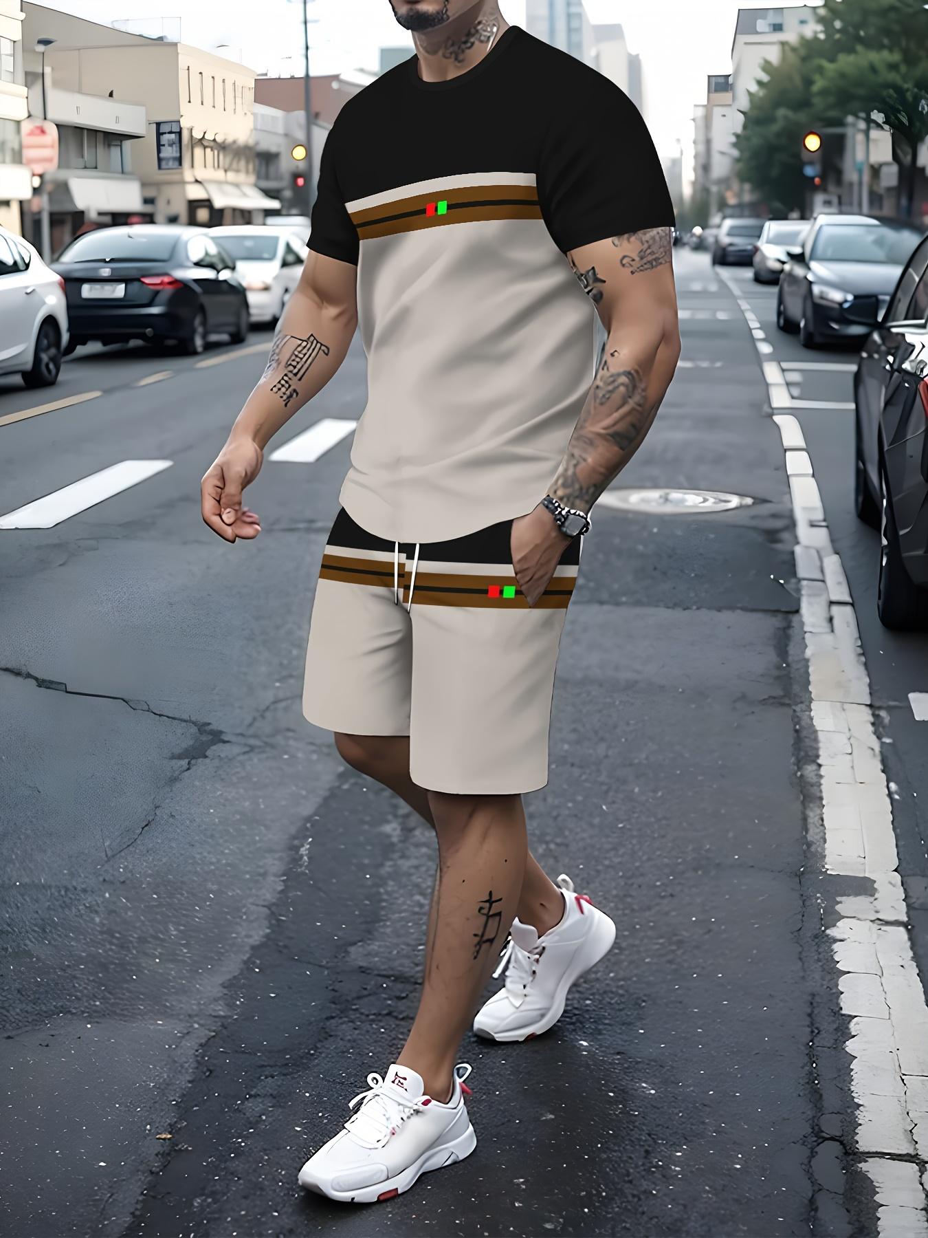 

New striped 3D printed casual short sleeved fashionable outdoor sports set S