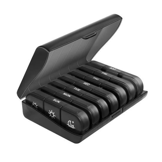 

Таблетница 21 сетка 3 раза в день Большие отделения Водонепроницаемый пыленепроницаемый еженедельный органайзер для таблеток Портативный 7-дневный витаминный рыбий жир Хранение таблеток Чехол для чёрный