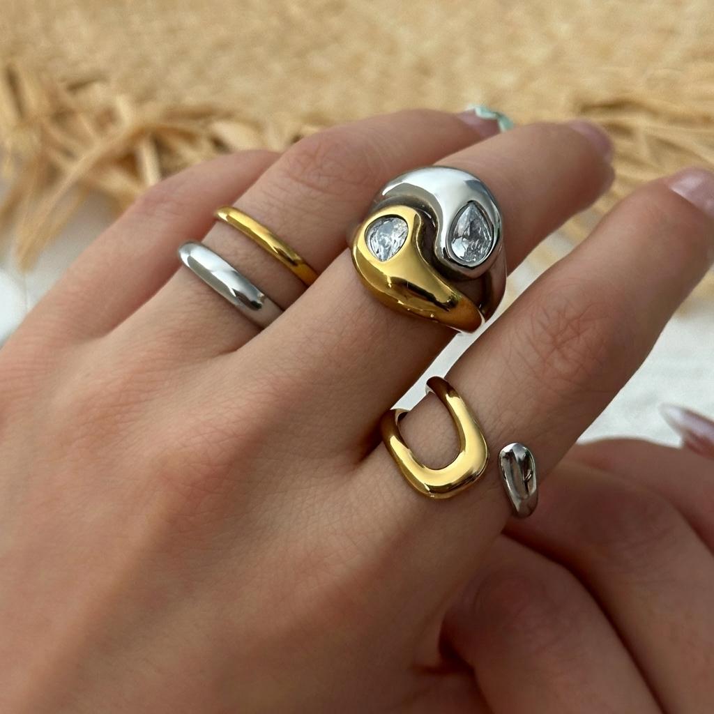 Stainless Steel Gold Plated Two Tone Chunky Rings For Women Double Line Irregular Crystal Zircon Finger Ring Daily Jewelry Gift