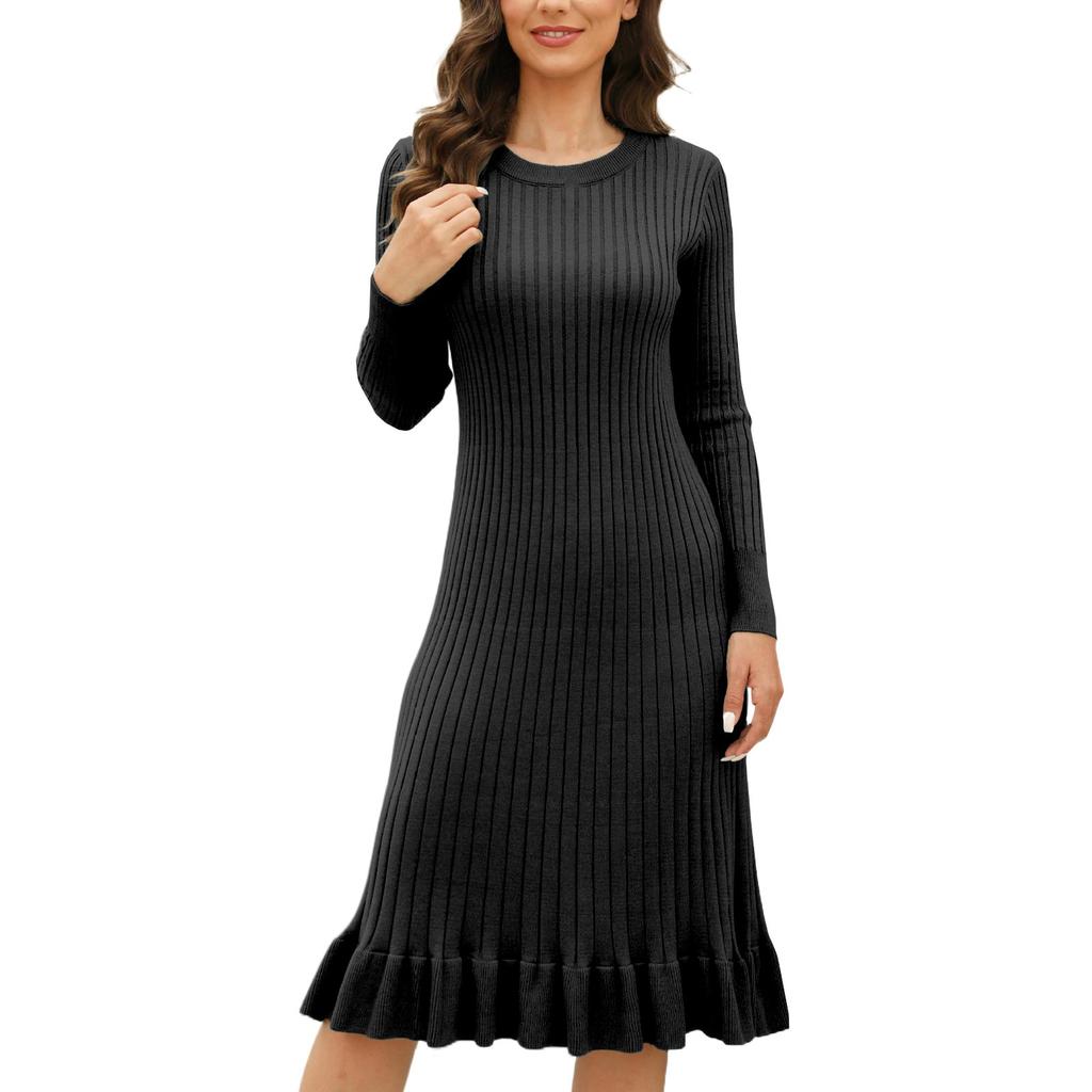 Women's Fashion Autumn Winter Slim Mid-length Knitted Pullover Ruffled Pleated Dress Pleats