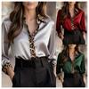 Leopard Print Satin Patchwork Long Sleeve Shirt for Women