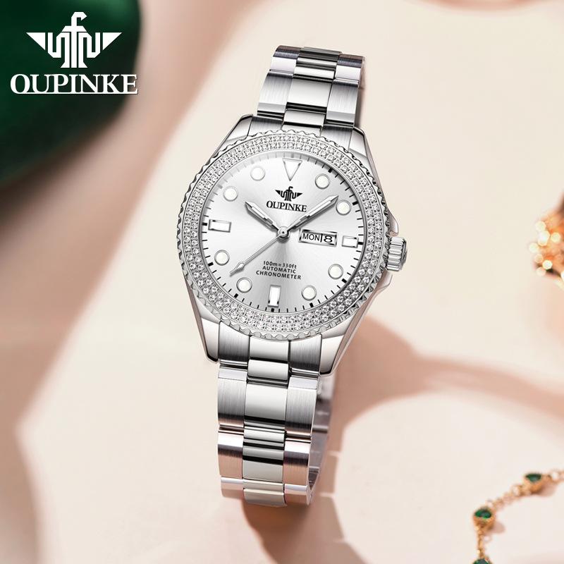 OUPINKE Brand Small Green Watch Light Luxury Diamond Set Fashion Trend Luminous Machine Watch Women Watch Women