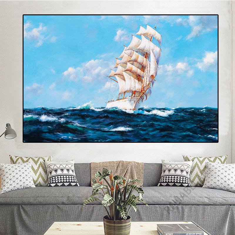 Obraz olejny Vintage Fale Morskie Wydrukowany na Płótnie Statek Zachód Słońca Pejzaż Plakaty i Druki do Dekoracji Salonu Cuadros