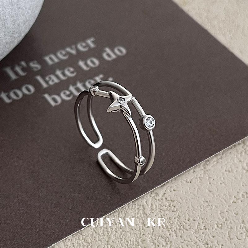 Cui Yan Women's S925 Sterling Silver Korean Style Double Layer Star Ring