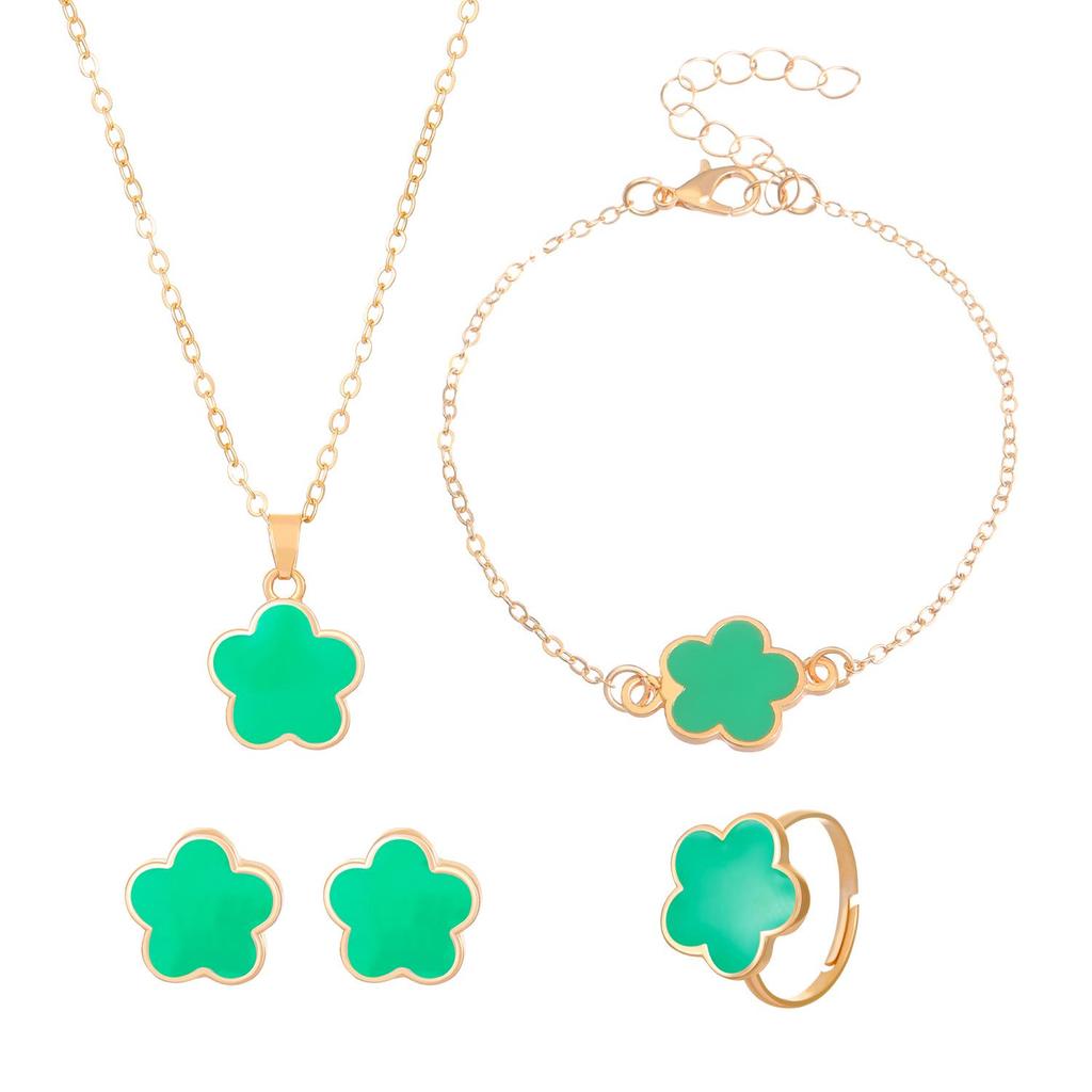 Women's Korean Five-Leaf Clover Jewelry Set: Simple Petal Necklace, Five-Leaf Flower Bracelet, Ring, Earrings (4-Piece Set)