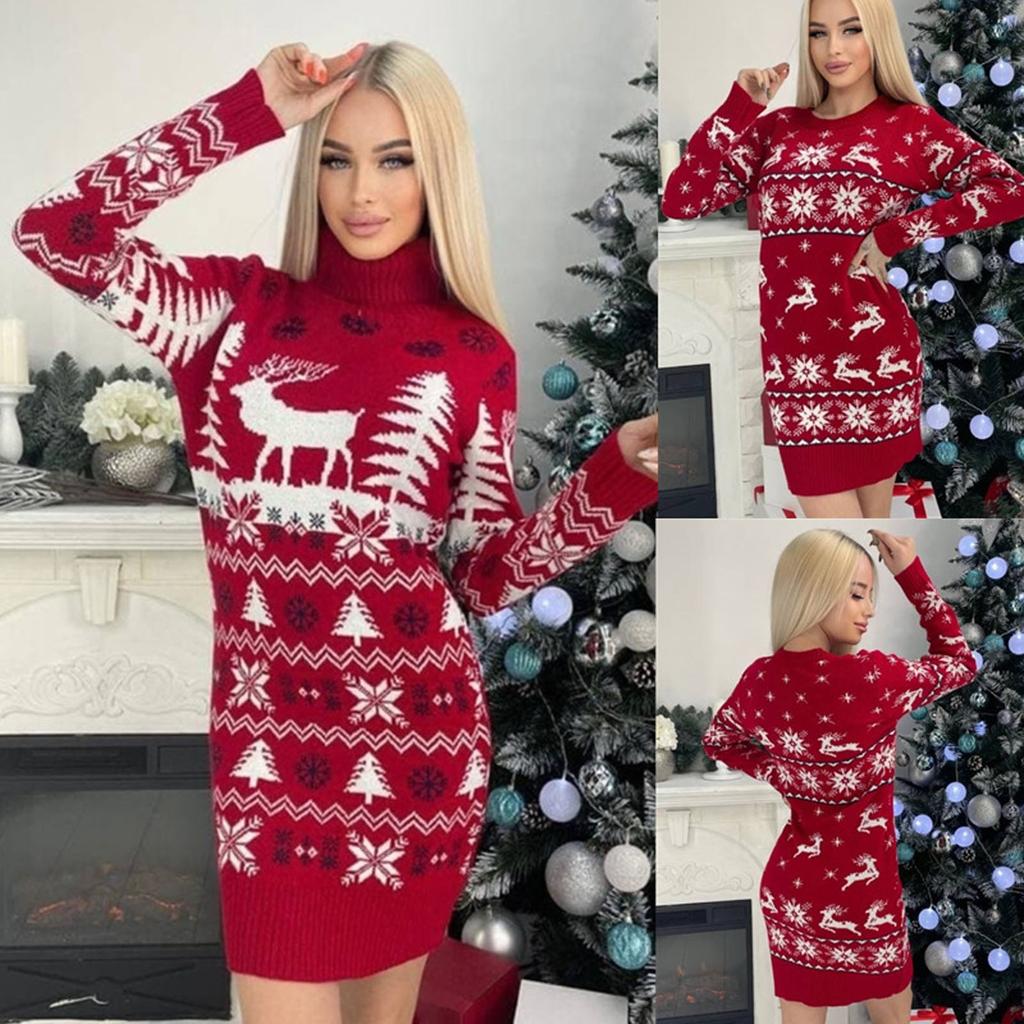 Women's And Winter Slim Elk Christmas Tree Long-sleeved Dress