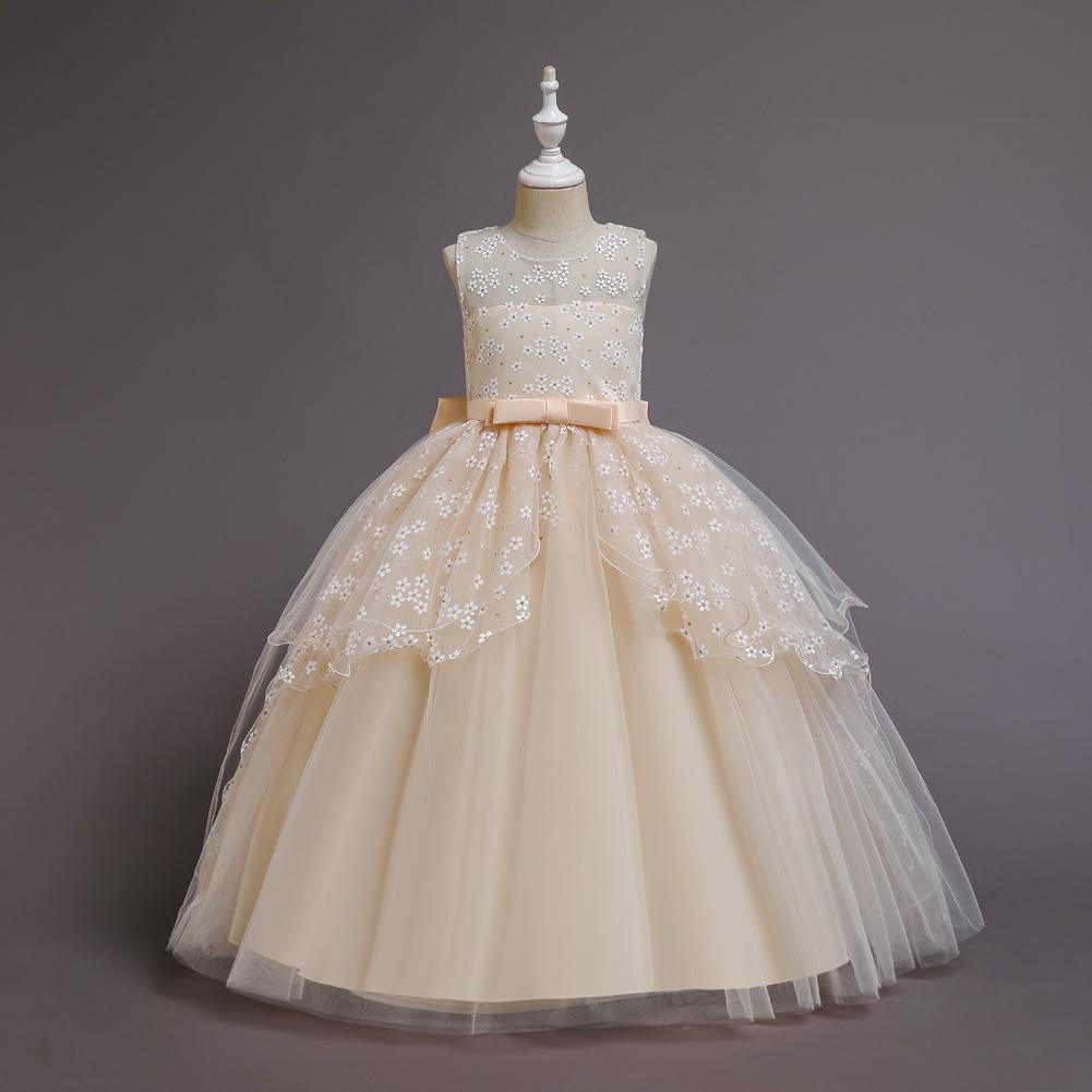 European & American Girls' Lace Flower Princess Dress with Bow & Small Train