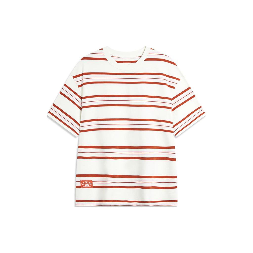 Li-Ning Weekend Youth Simple Versatile Striped Drop Shoulder Round Neck Cotton Short Sleeve T-Shirt Unisex Tops Off-White AHSU655-7
