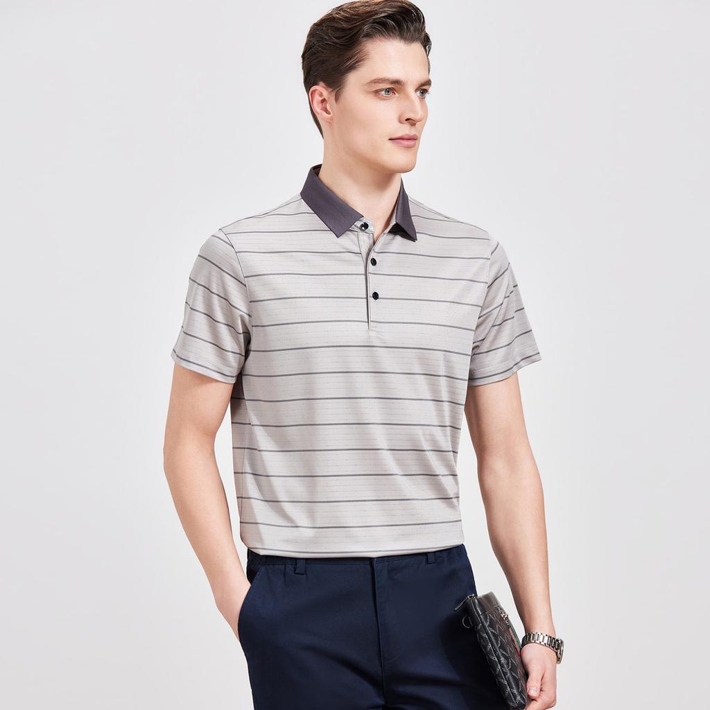 Light luxury business summer fashion striped men's polo shirt with mulberry silk and triacetate silk