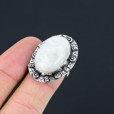 Natural Rainbow Moonstone Gemstone 925 Silver Statement Ring Size 6.5 For Women