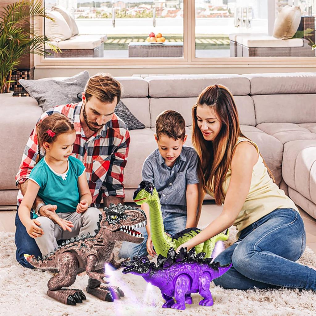 Doloowee 3 Pack Walking Dinosaur Toy for Kids 3-5/5-7 Years,Simulation Tyrannosaurus & Stegosaurus & Brachiosaurus,Electric Robot Dinosaur with LED