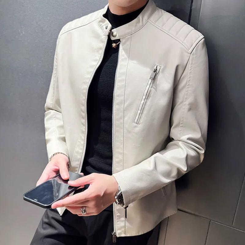 

Весенне-осенняя мужская мотоциклетная кожаная куртка, повседневная однотонная белая, черная кожаная куртка с воротником-стойкой, пальто из искусственной кожи на молнии S белый