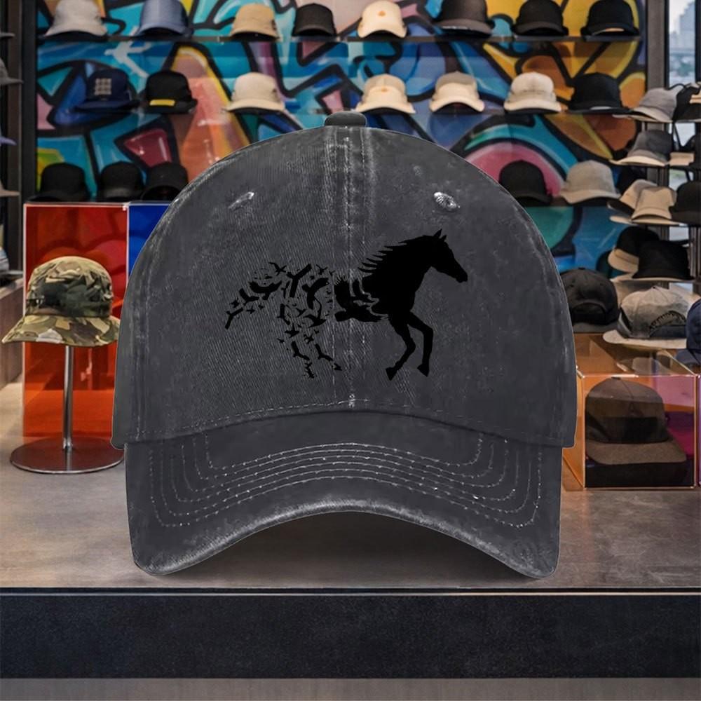 Flying Bird Horse Graphic Washed Cotton Baseball Cap Adjustable Vintage Casual Unisex Outdoor Hat