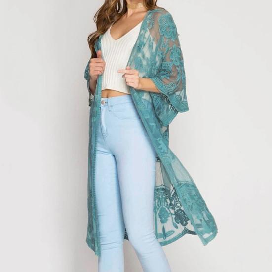 Women Cardigan See-through Thin Lace Embroidery Three Quarter Sleeve Solid Color Mif Length Loose Open Stitch Lady Beach Vacation Cover Up