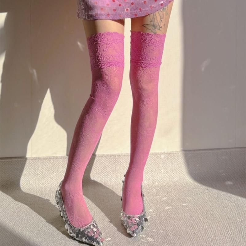 Stylish Long Boot Socks with Full Flower Lace Design for Women Sheer Colorful Fishnet Thigh High Over the Knee Stockings