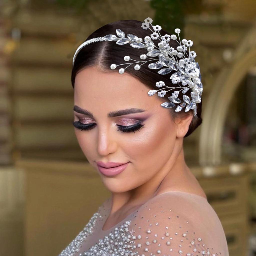 Double Row Pearl Rhinestone Claw Chain Headband with Wedding Veil