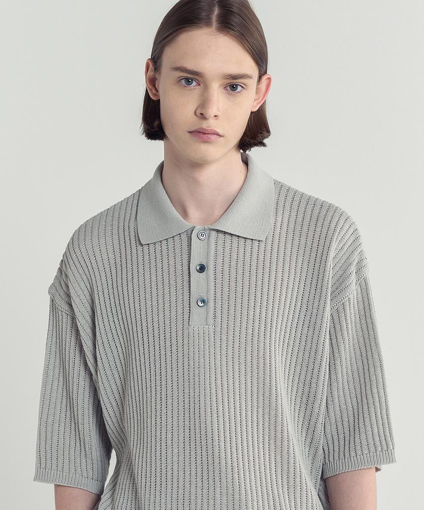 BLOND9 Cotton Rib Collar Short Sleeve Knit_Gray