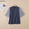 ZANZEA Women Casual Stand Collar Mesh Splice Half Sleeve Blouse