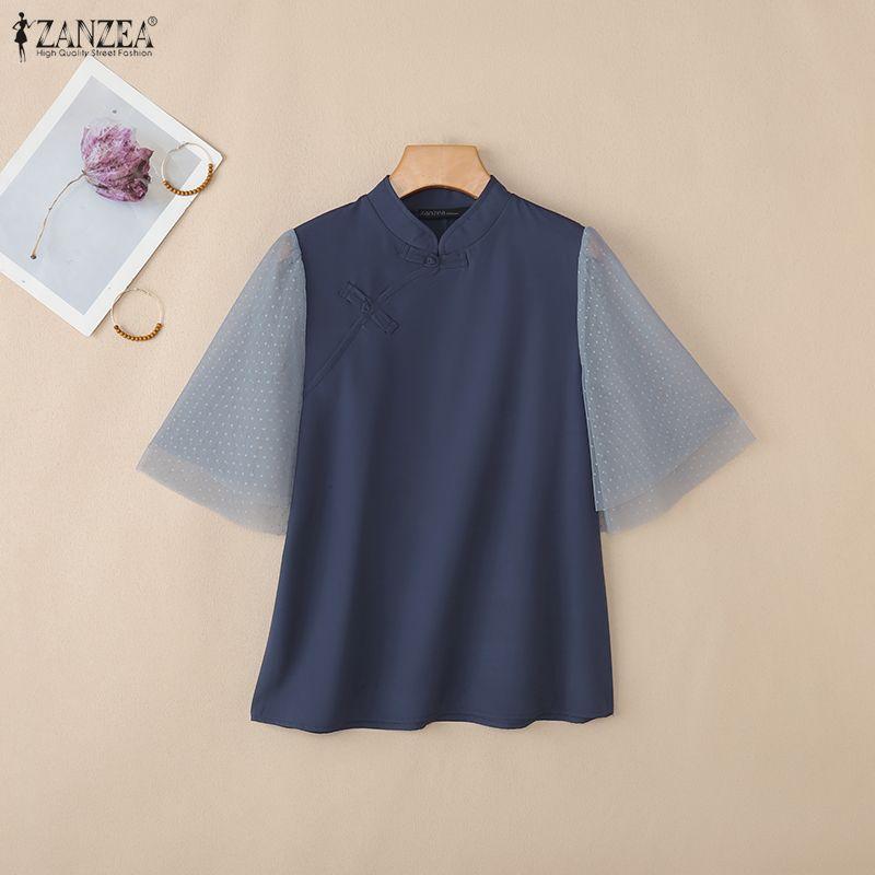 ZANZEA Women Casual Stand Collar Mesh Splice Half Sleeve Blouse