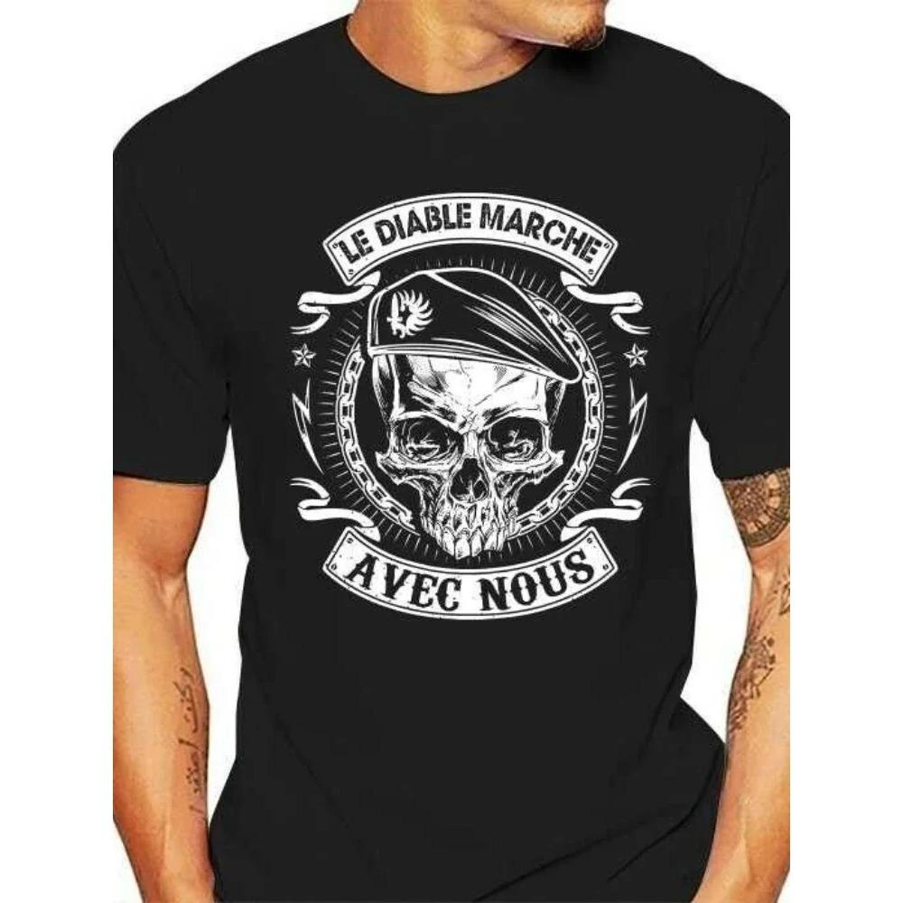 Legion Etrangere, The Devil Walk with Us. France Foreign Legion Skull T-Shirt. Premium Cotton Short Sleeve O-Neck Mens T Shirt