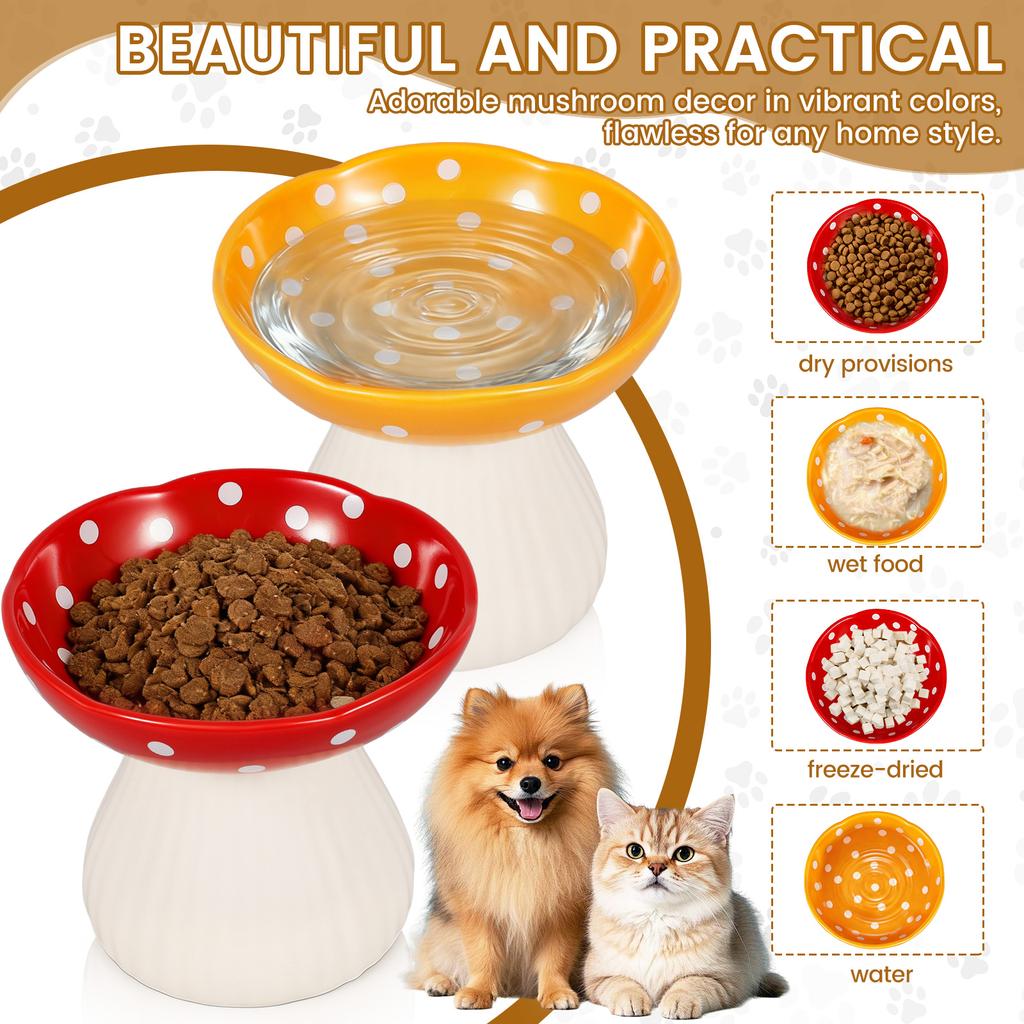 2 Pcs Elevated Raised Cat Bowl Mushroom Cat Water High Feet Food Bowl Ceramic Pet Neck Protection Anti-black Food Dish