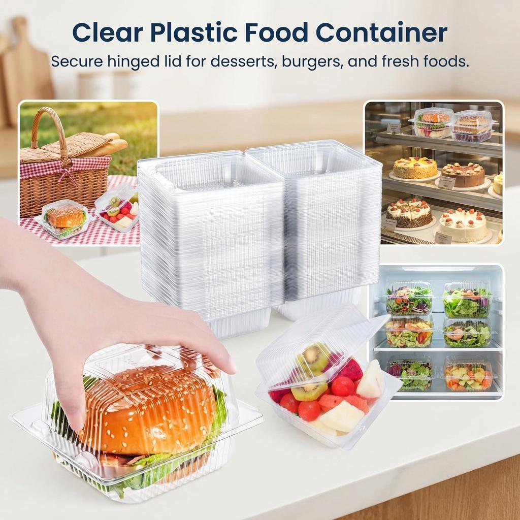 Disposable Plastic Food Containers Transparent Flip Lid with Cover for Desserts Burgers Cakes