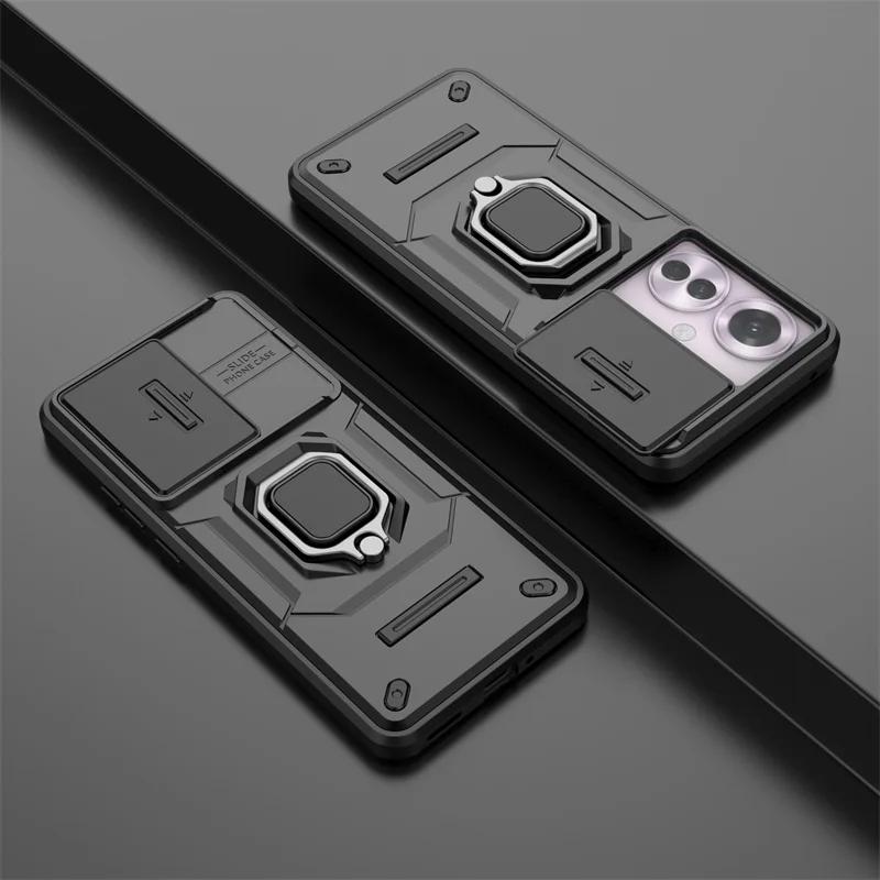 Slide Lens Camera Armor Case For OPPO Reno 12 Pro 11F 5G A60 4G Protective Cover Ring Magnetic Holder Shell Coque Fundas Capa