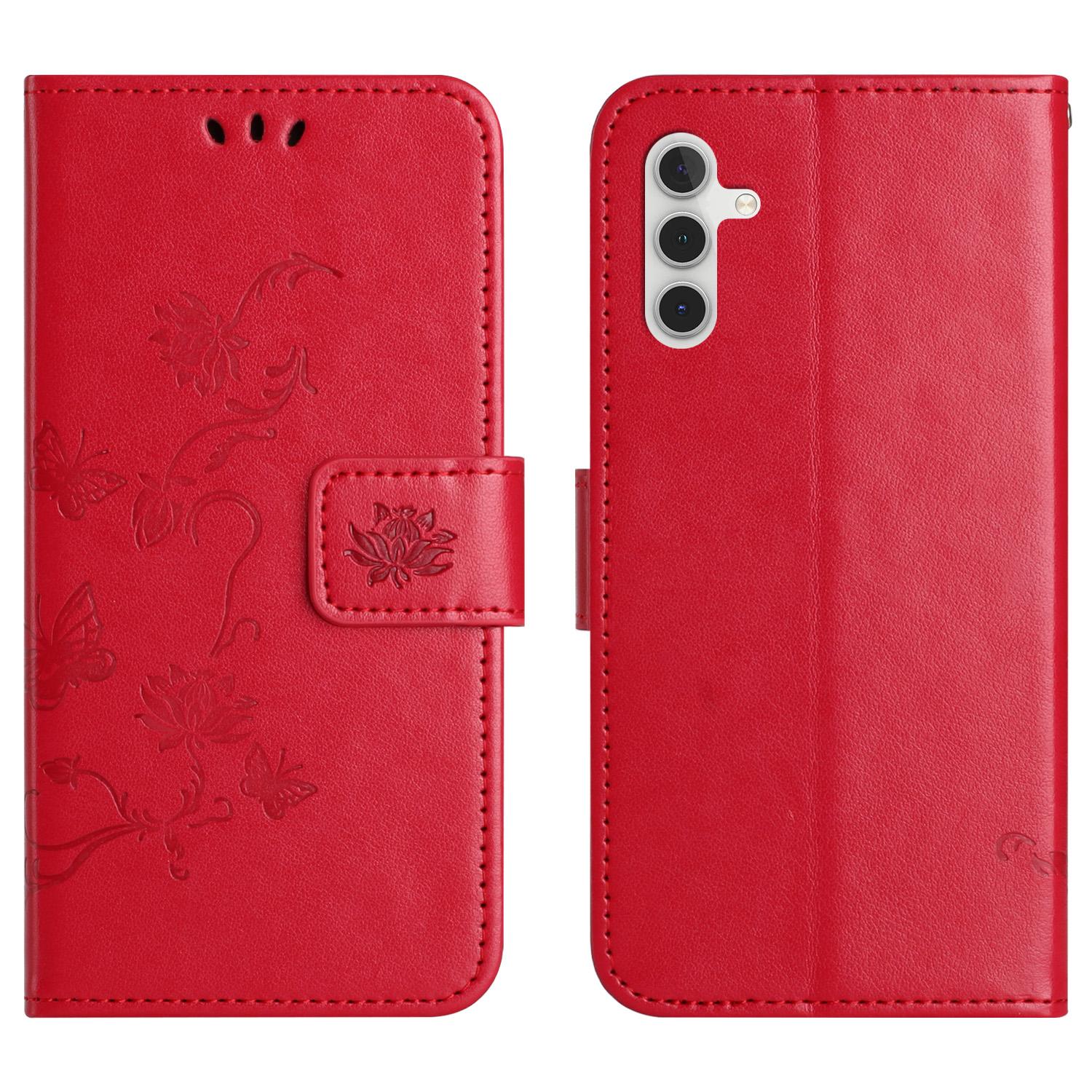

For Samsung Galaxy S25 FE Case Wallet Stand Imprinted Butterfly Flower PU Leather Phone Cover Red