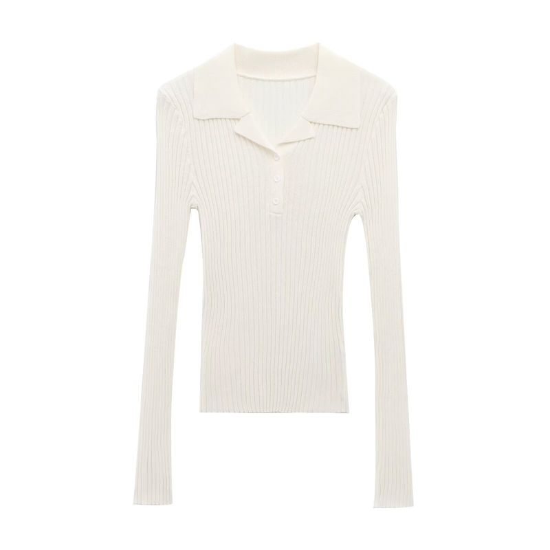 Kaslead New Arrival Women's Fashion Style Simple Lapel Long Sleeves Rib Knitting Polo Shirt 3471110