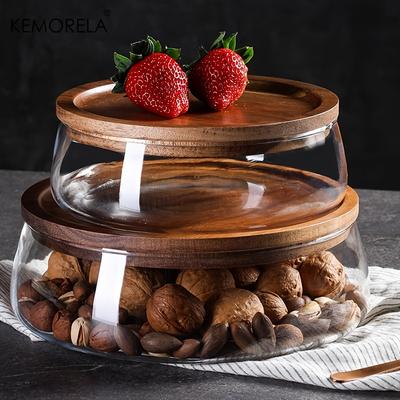 KEMORELA 1PCS Glass Food Storage Containers with Wooden Lid Kitchen Snack Fruit Candy Nut Sundries Storage Organizer for Kitchen